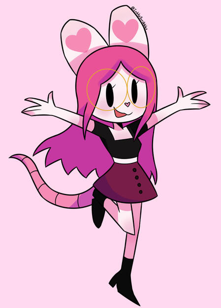 Phee is standing with her arms outstretched and a leg bent/lifted